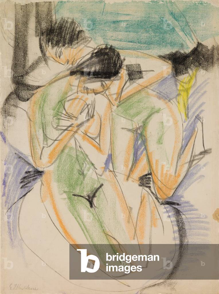 due nudi 1914 (grafite, nero e colorato gesso, e olio bastone)