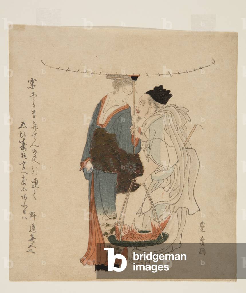 il dio ebisu camminare con una giovane donna nella neve (colore woodblock stampa)