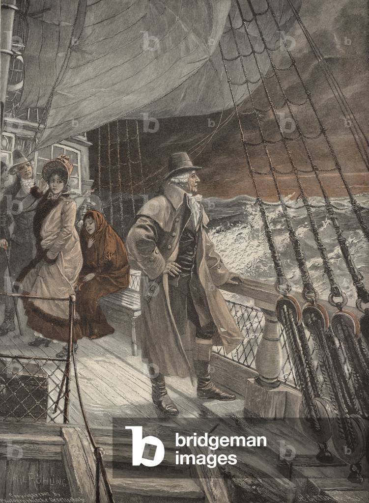 Auf dem Deck eines Schiffes (farbige Gravur)