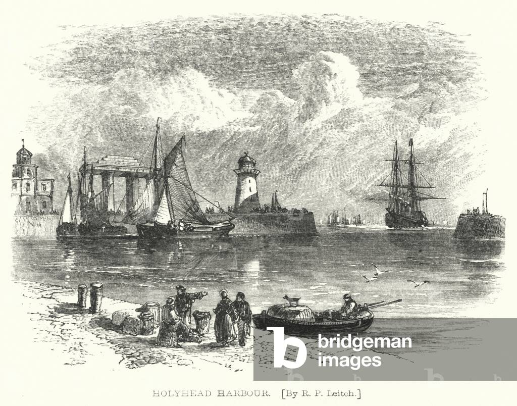 "Holyhead Harbour (incisione)" di Richard Principal Leitch, b/w