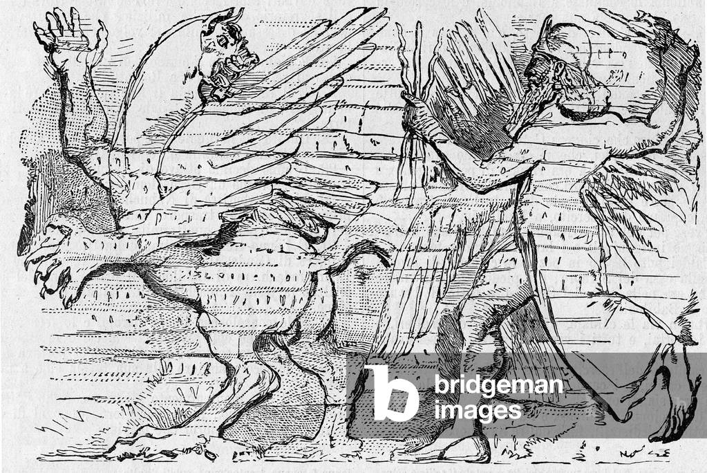 Bild von Gravur "Religion Die Heilige Bibel. Skulptur eines Drachen", b/w