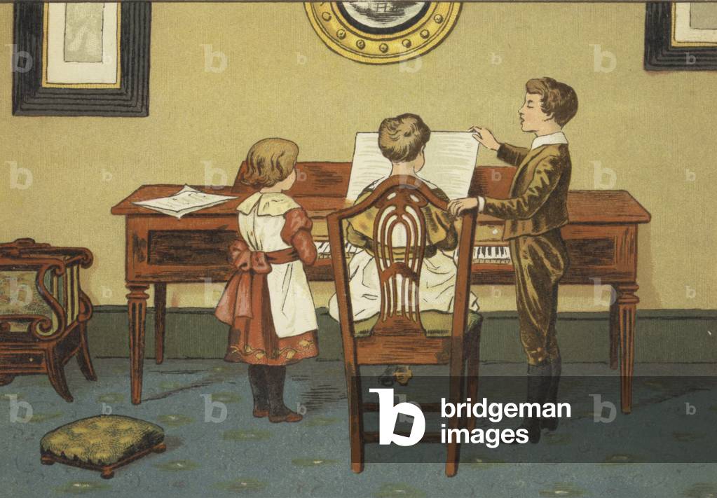 "Kinder proben am Klavier (Farbe litho)" von John George Sowerby