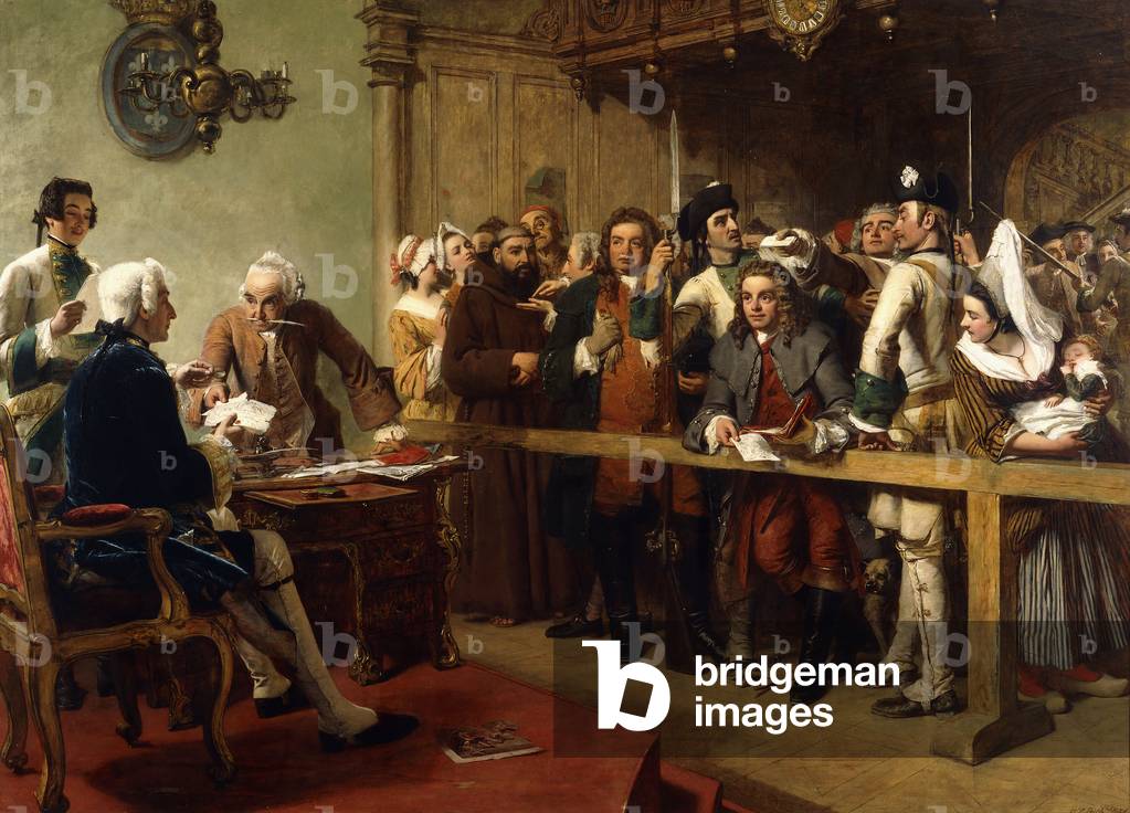 Bild von Gemälde "Hogarth gebracht vor dem Gouverneur von Calais als Spion", 1851 von William Powell Frith