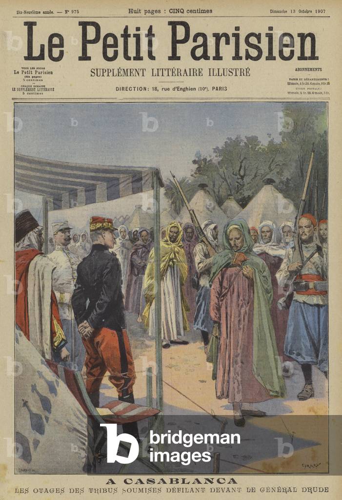 "Ostaggi di tribù marocchine sottomesse che marciano davanti al generale Druda a Casablanca (colore lito)" di 