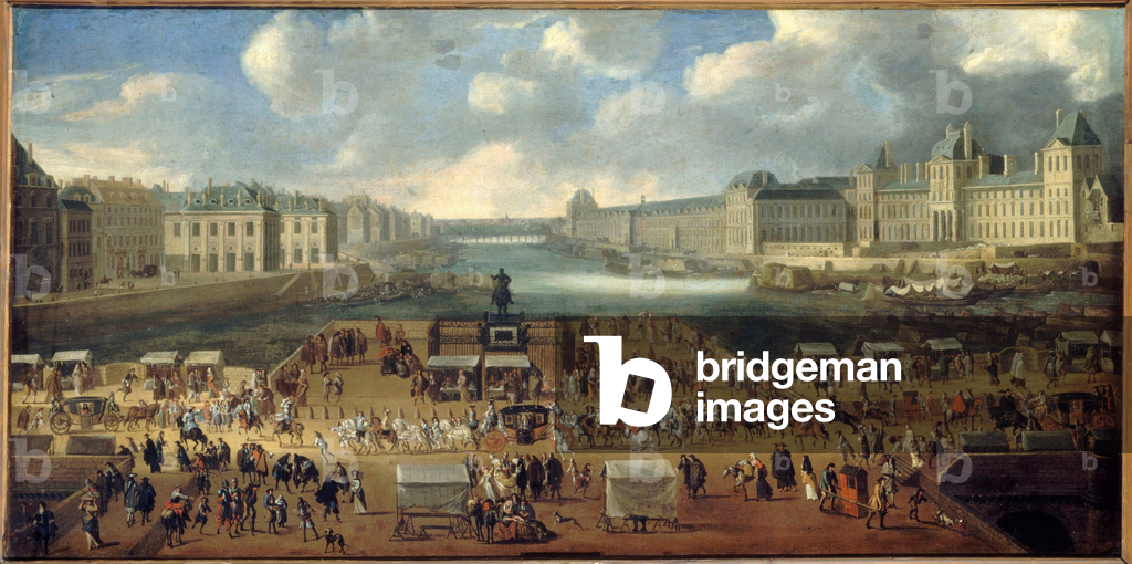 Die Pont-Neuf, gesehen vom Eingang der Place Dauphine, dem Quai Malaquais mit dem Collège des Quatre-Nations, 
