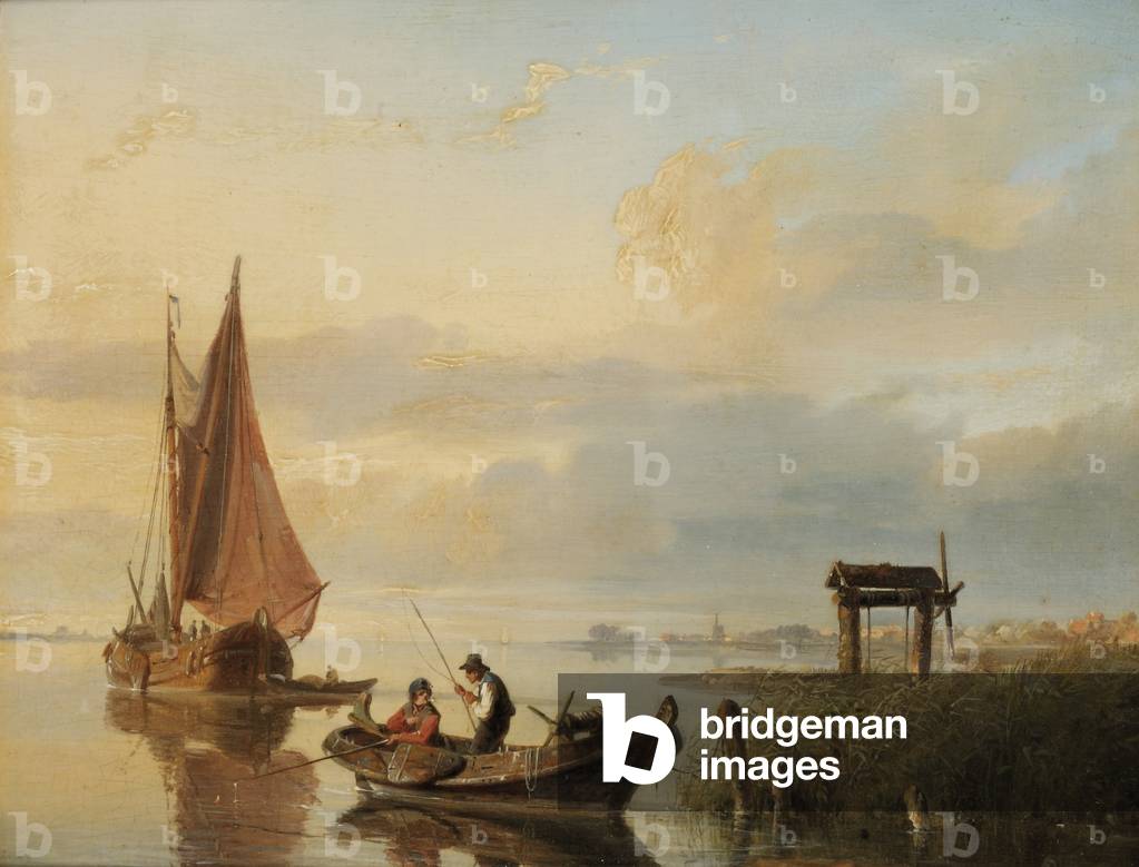 Image de Peinture représentant Bateaux de pêche au coucher du soleil (huile sur panneau) par Cornelius Springe