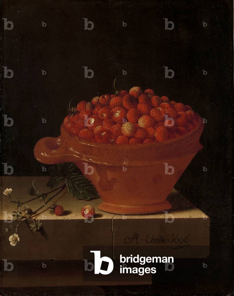Image of Painting depicting A Bowl of Strawberries on a Stone Plinth 1696 by Adrian Coorte, b/w