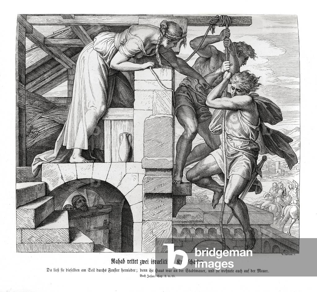 Rahab rescues two Israelite men, Joshua
