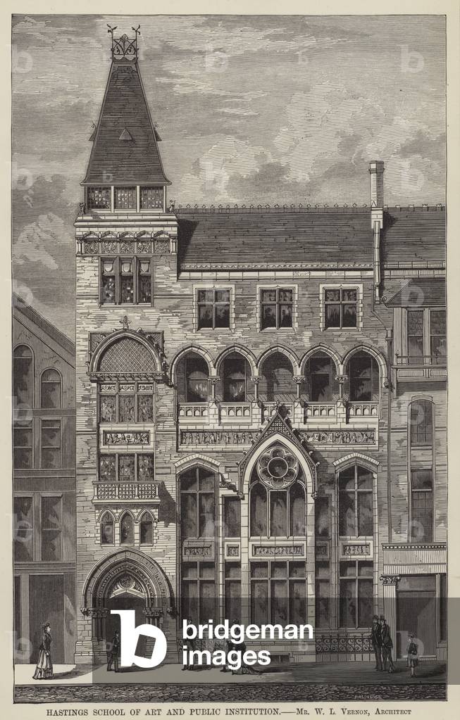 "Scuola d'arte e istituzione pubblica Hastings (incisione)" di English School, b/w
