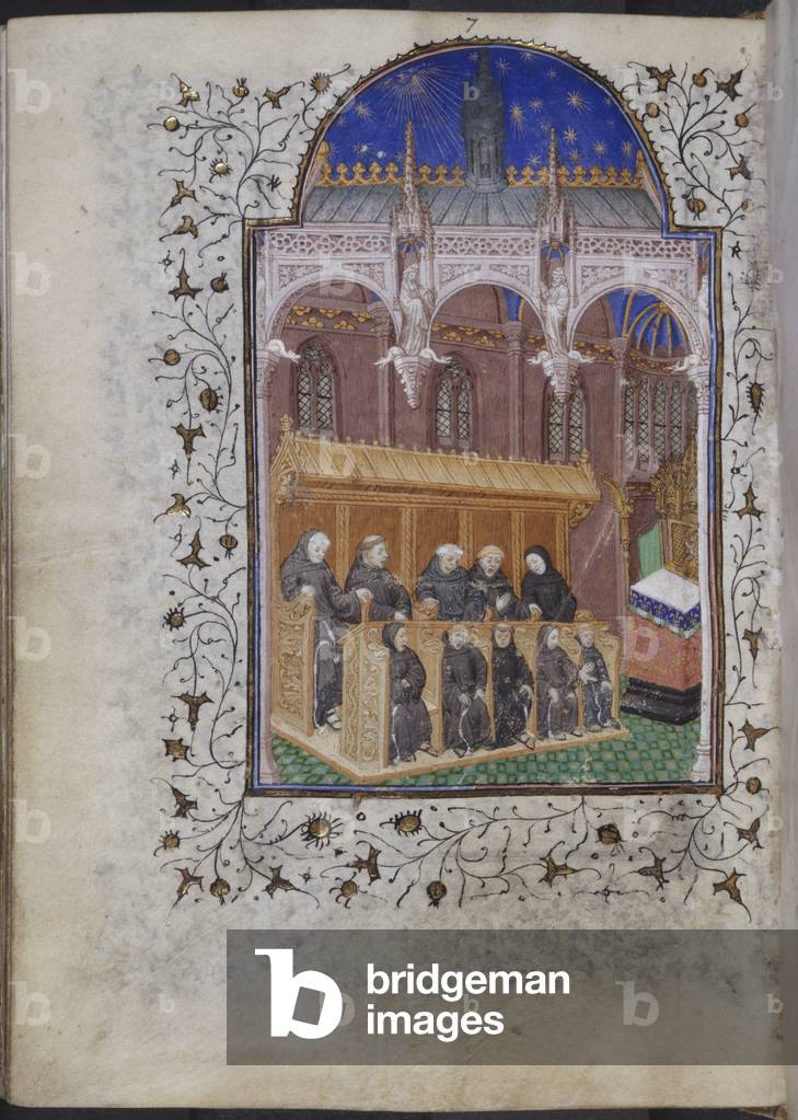 (Whole folio) Black-robed friars singing in choir; decorated borders