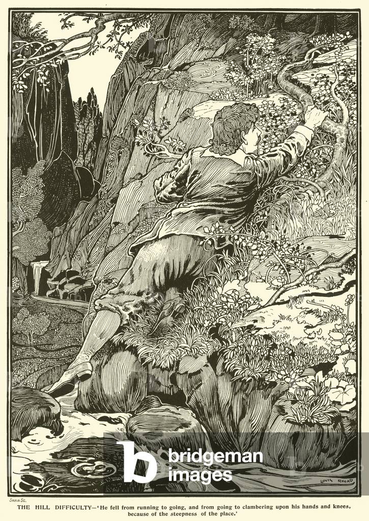 "Schwierigkeitsgrad „The Hill“ (Gravur)" von Louis John Rhead, b/w