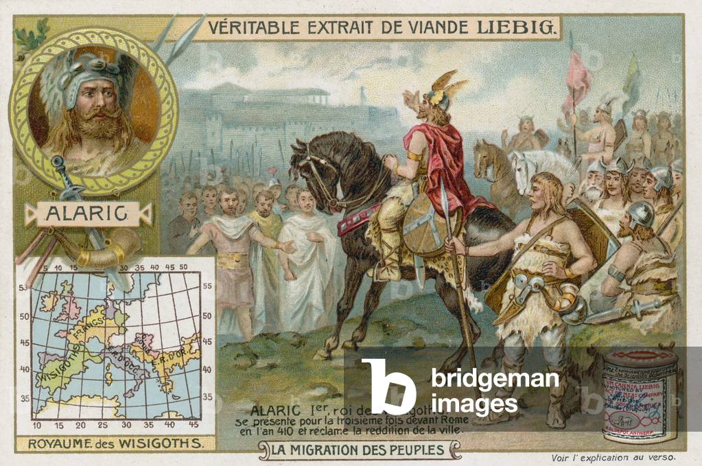 Alarich I., König der Westgoten, akzeptiert die Kapitulation Roms, 410 (Chromolitho)