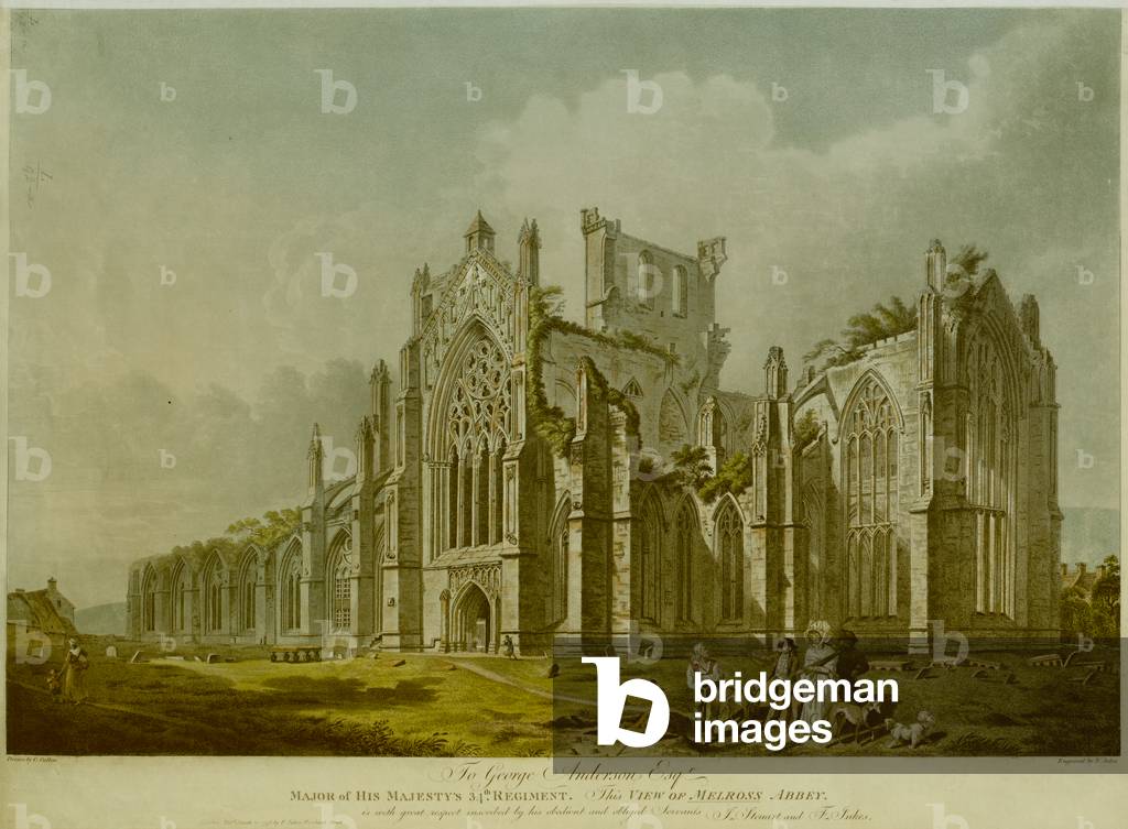 Figures with dogs in front of the ruins of Melrose Abbey; another figure digging a grave; tombstone and monume
