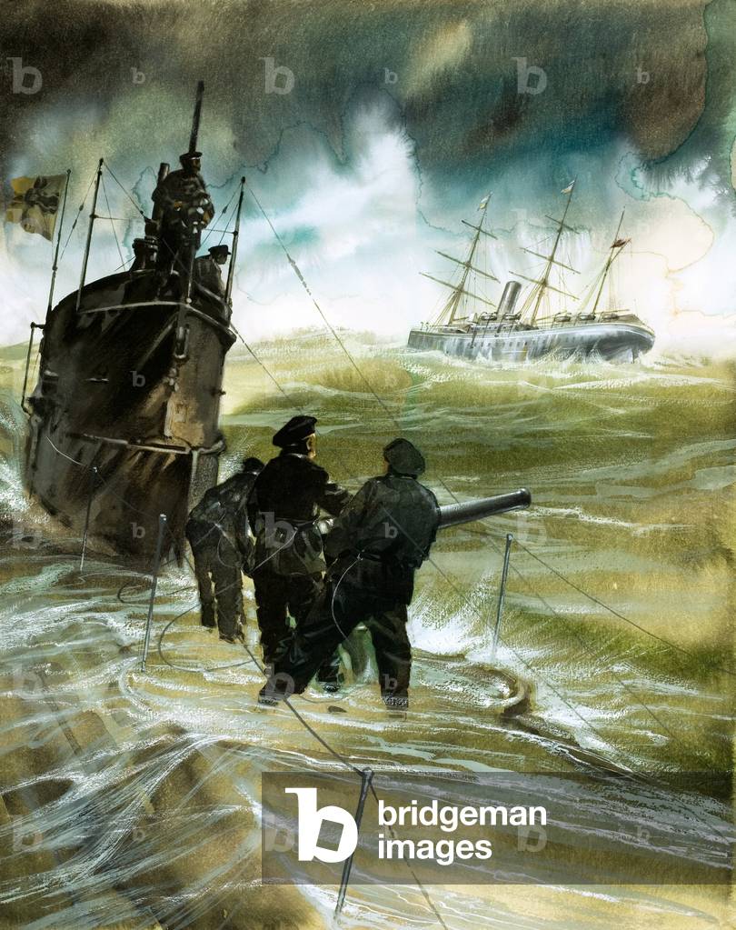 Immagine di Dipinto "WW1 U-boat (gouache su carta)" di Neville Dear