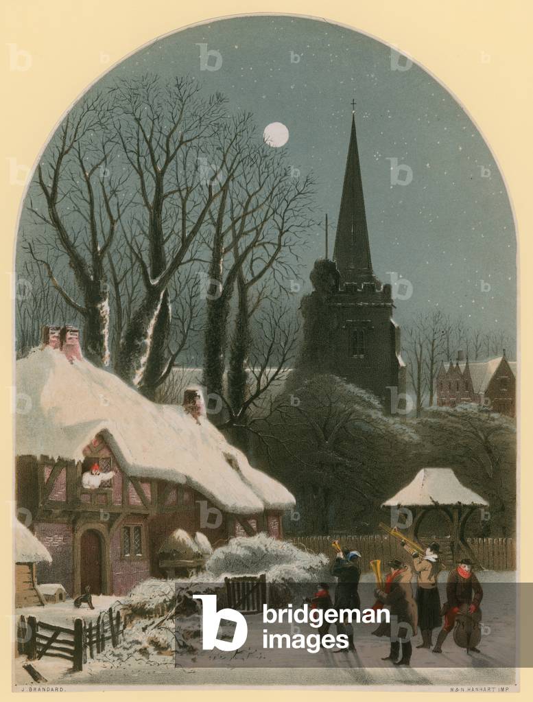 "viktorianische Weihnachten Szene mit Band spielen in die Schnee Farbe litho" von John Brandard
