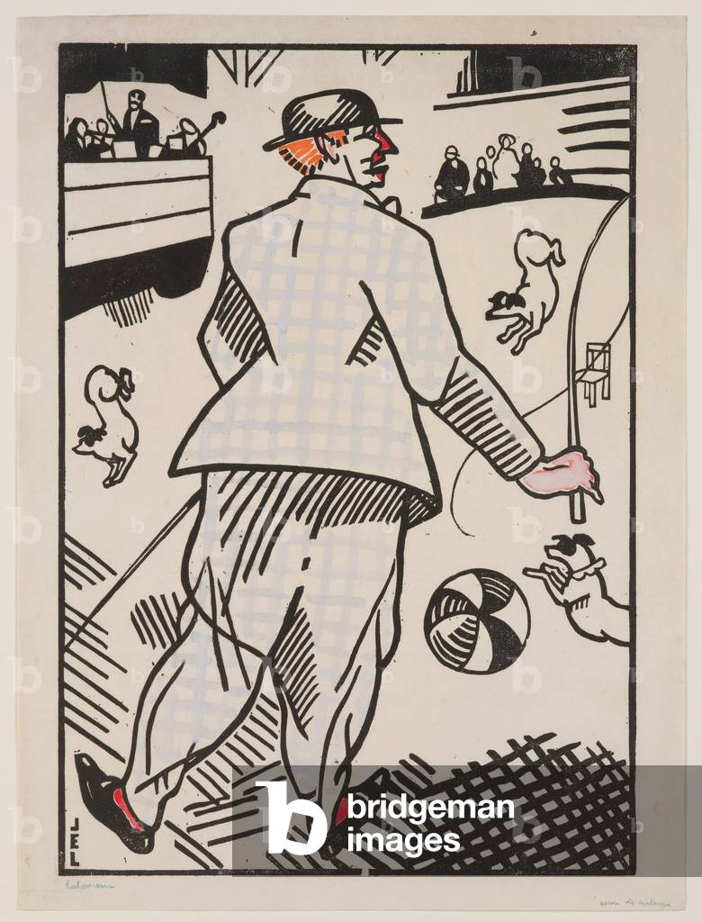Clown mit Hunden (Le Clown aux Chiens), 1913 (handgefärbter Holzschnitt mit Aquarell-Ergänzungen)
