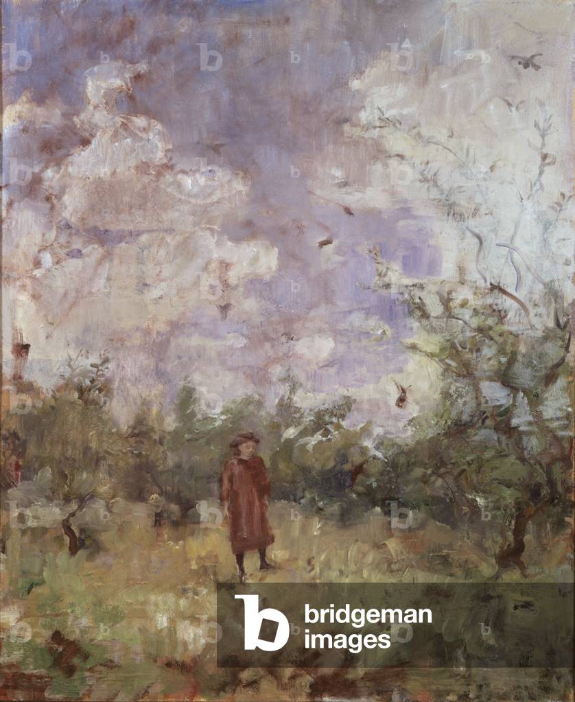 Figur in einer windigen Wiese, 1991 (Öl auf Holz)