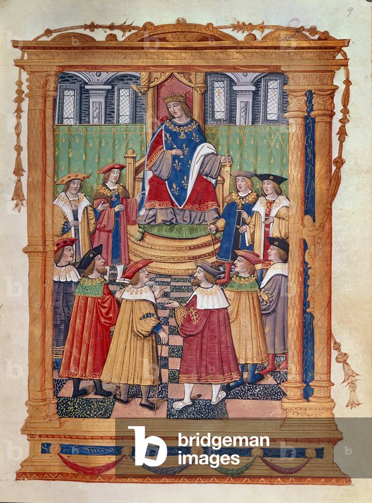 Re Luigi XI di Francia in trono, alla presenza di membri dell'Ordine di San Michele, che il re fondò nel 1469.