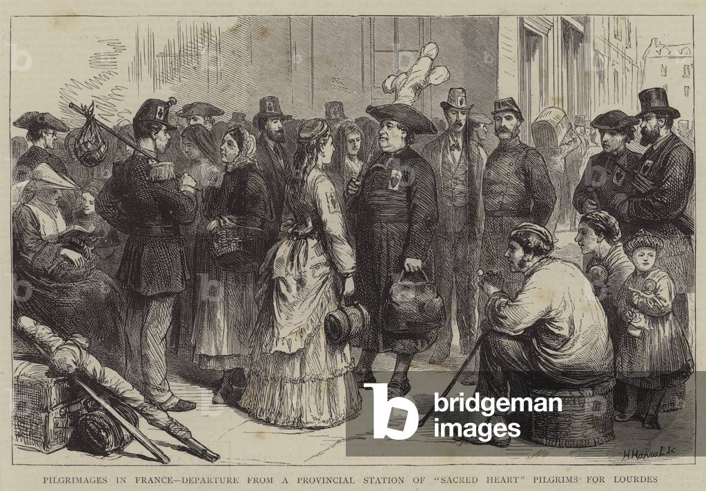 Pilgrimages in France, Departure from a Provincial Station of "Sacred Heart" Pilgrims for Lourdes (engraving)