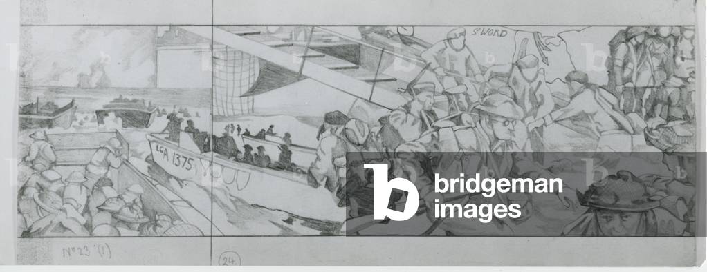 Image of Drawing depicting British and Canadian troops head for the beaches in their assault landing craft on 