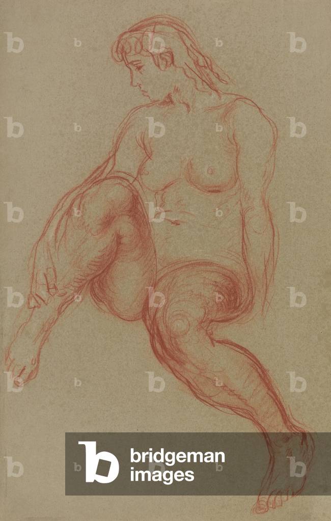 Un seduto nudo femminile, girato davanti, testa in profilo a sinistra (gesso rosso su carta)