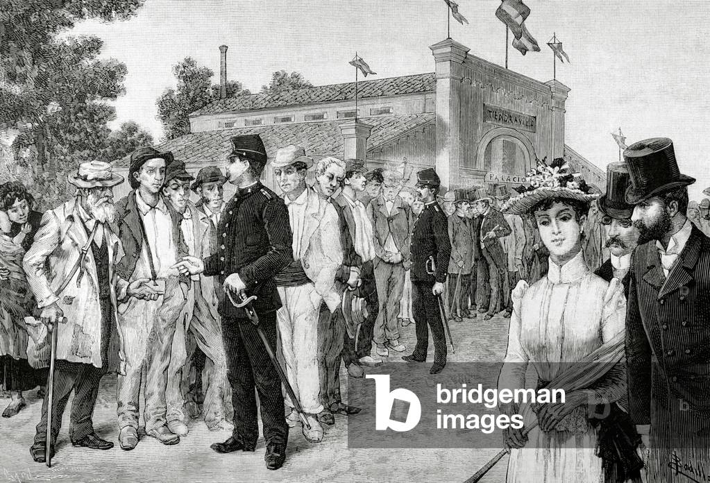 Image of Engraving depicting Queues poor to eat free. Madrid. Shop Asylum opened by Queen of Spain Maria Chris