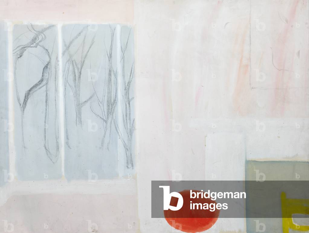 Rosafarbenes Interieur, Bäume durch das Fenster (Öl auf Leinwand)