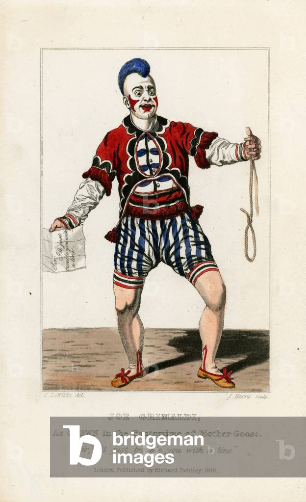 Joe Grimaldi, as clown in the pantomine of Mother Goose (engraving)