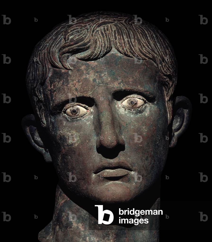 Kopf des Augustus, mit Glas- und Alabasteraugen, Detail, 27-25 v. Chr. (Bronze)