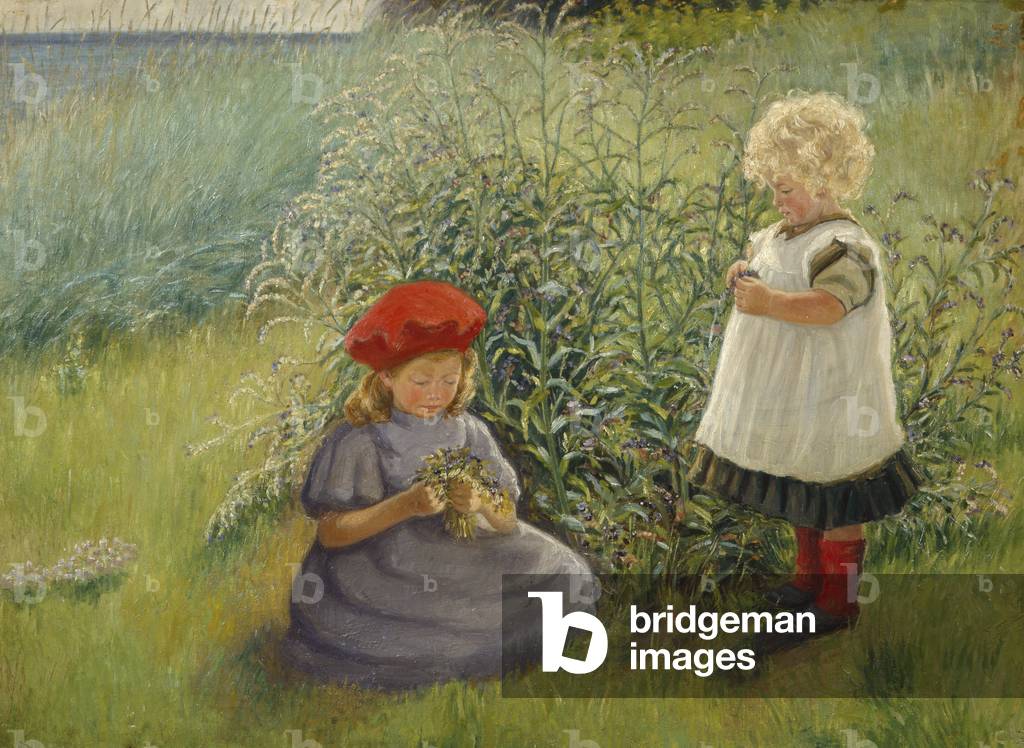 Zwei Mädchen pflücken Blumen (Öl auf Leinwand)