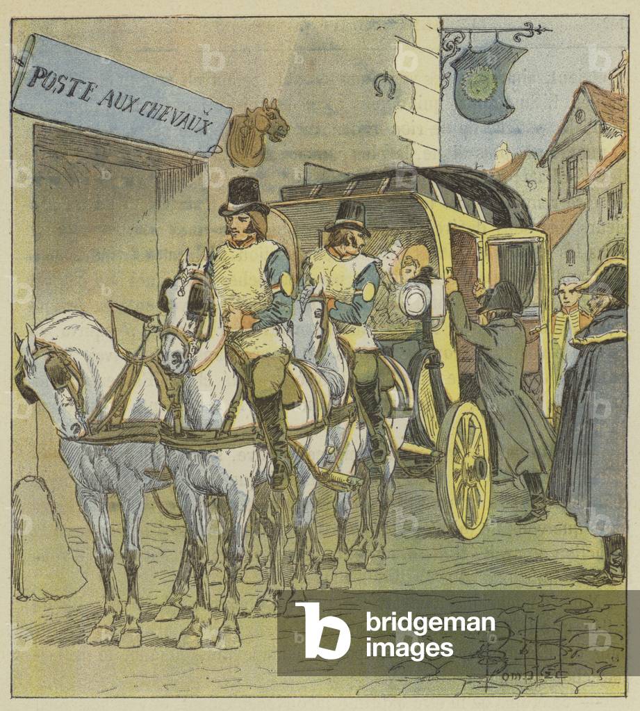 "L'Empereur monte dans la voiture de Marie-Louise (color litho)" di Louis Charles Bombled