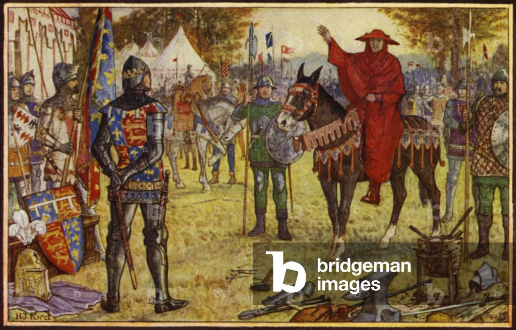 Der Kardinal von Perigord kommt in das englische Lager, um mit dem Schwarzen Prinzen zu verhandeln (Farbe lith