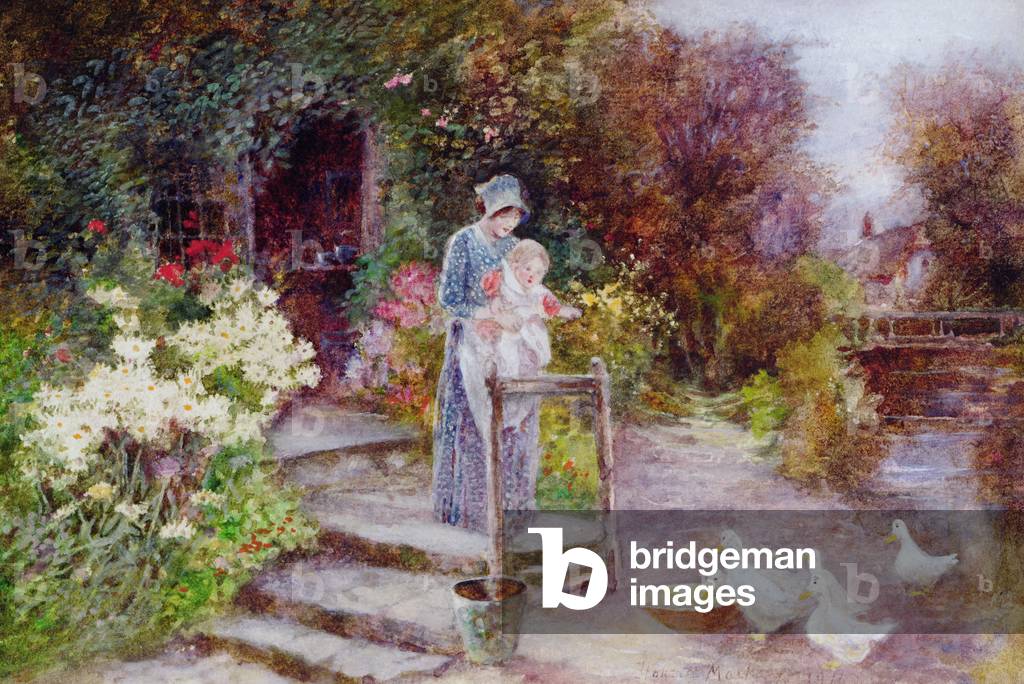 Frau und Kind in einem Hüttengarten (w/c auf Papier)