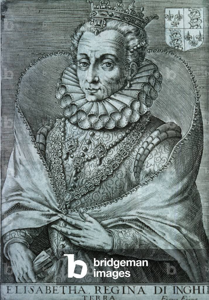Line drawing of Queen Elizabeth I in old age (engraving) 17th by Brian Seed