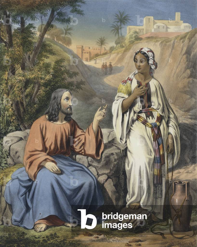 cristo e la donna di Samaria a Jacob' s Bene (incisione colorata)