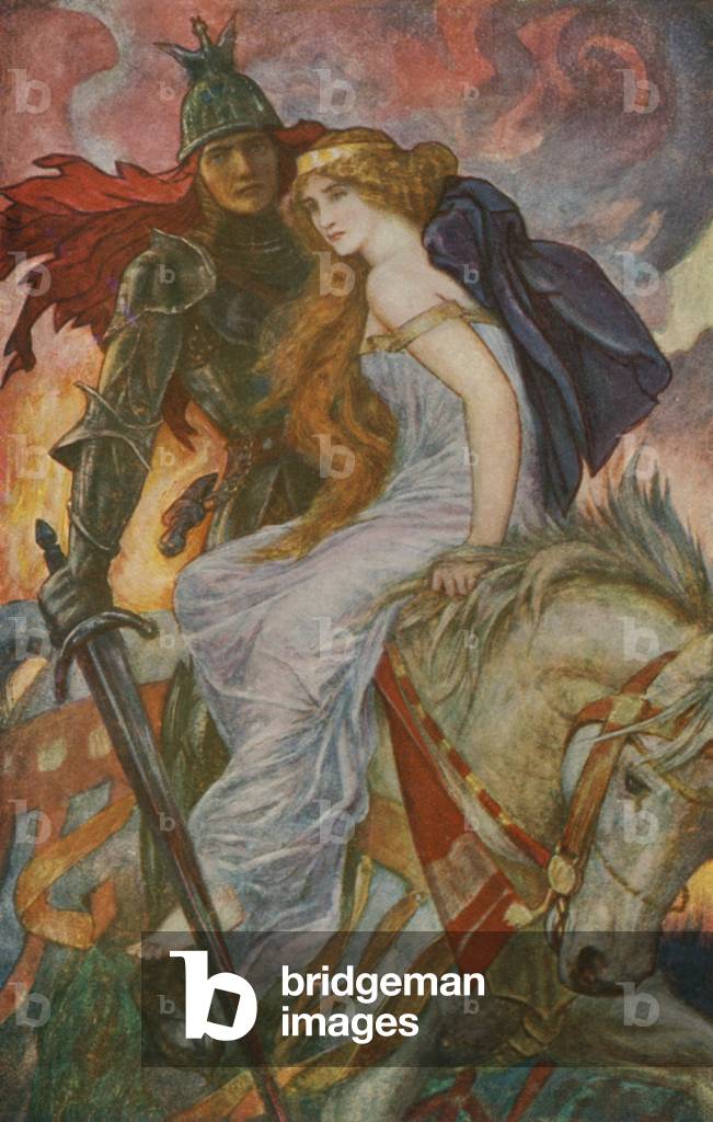 Lancelot Bears off Guinevere (colour litho)