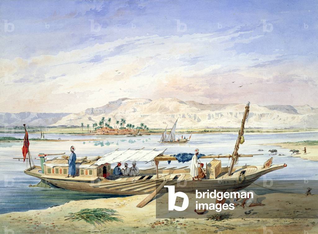 JWP's kanja moored beside the East bank of the Nile at Luxor', 1838-1843. Watercolour. Emile Prisse d'Avennes,