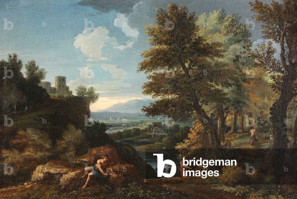 paesaggio con viaggiatori e un lontano fiume valle (olio su tela)