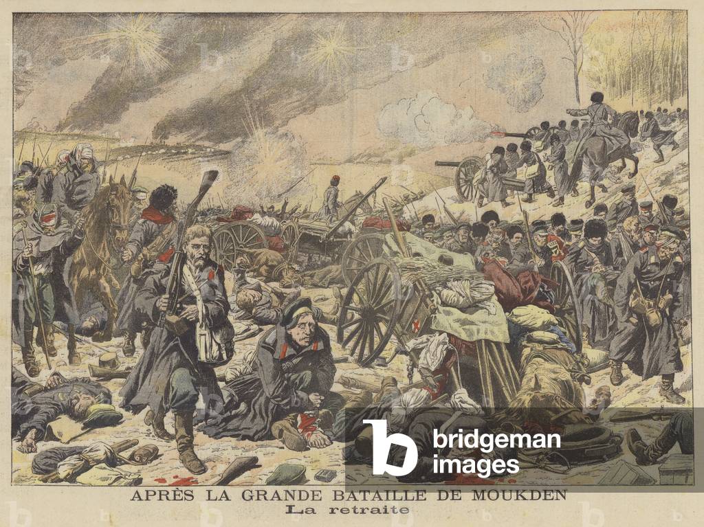 Russischer Rückzug nach der Schlacht von Mukden, russisch-japanischer Krieg (Farbe litho)