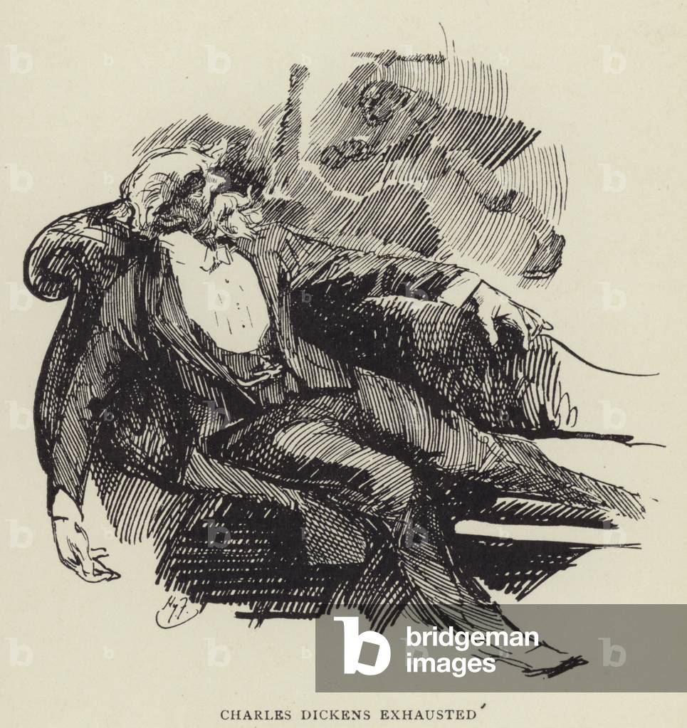 Image of Print depicting Charles Dickens exhausted (litho) by Harry Furniss