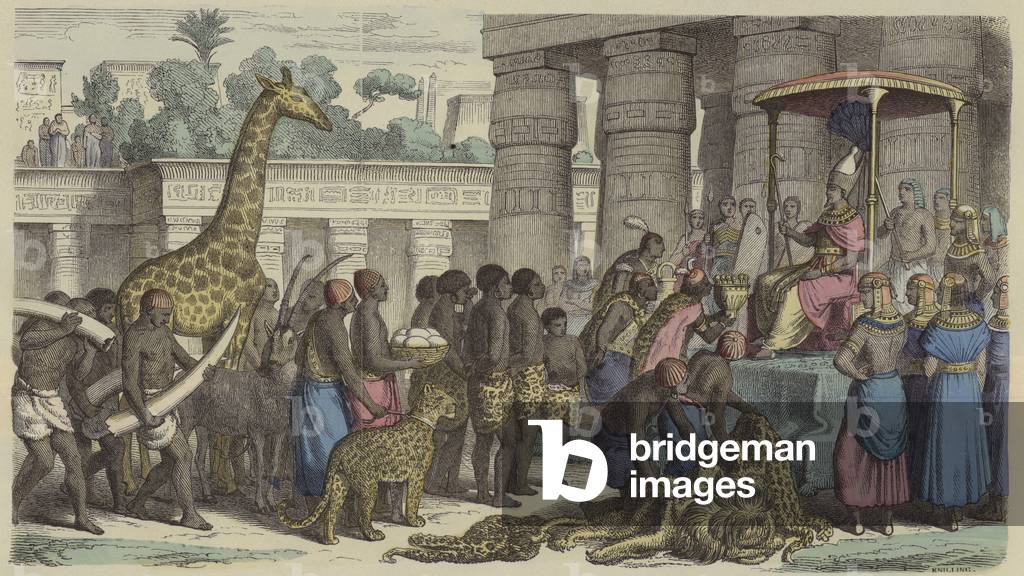 Tribute offerings from Ethiopia being presented to the Pharaoh of Egypt (coloured engraving)