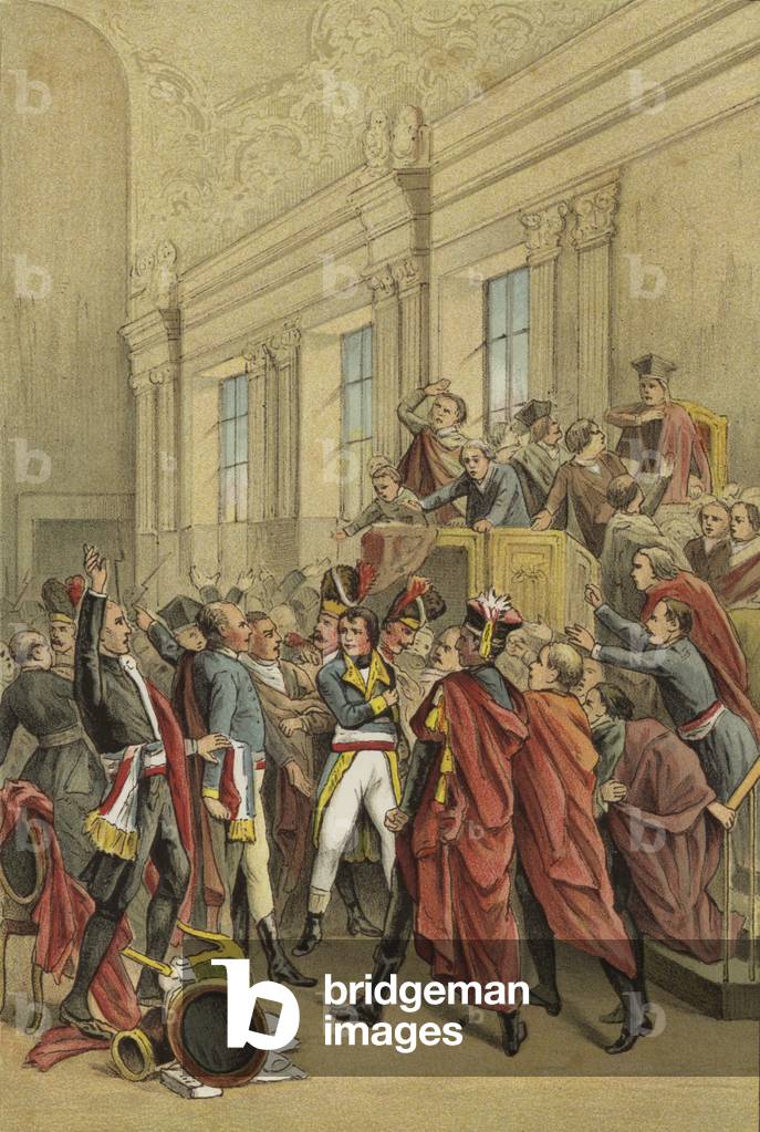 Napoleone sfratto il Concilio di Cinquecento dalle sue camere, Colpo di 18 Brumaire, 1799 (colore lito)