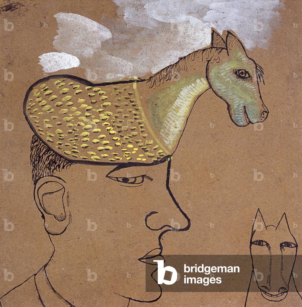 Mann mit einem Pferd auf seinem Kopf, 1939 (Tinte, Bleistift & Gouache auf Papier)