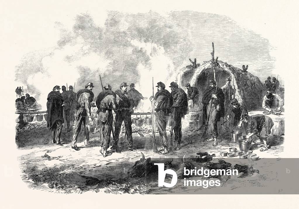 Bild von Gravur "Biwak der Garibaldianer in Nerola in den römischen Staaten 1867" 1867, b/w