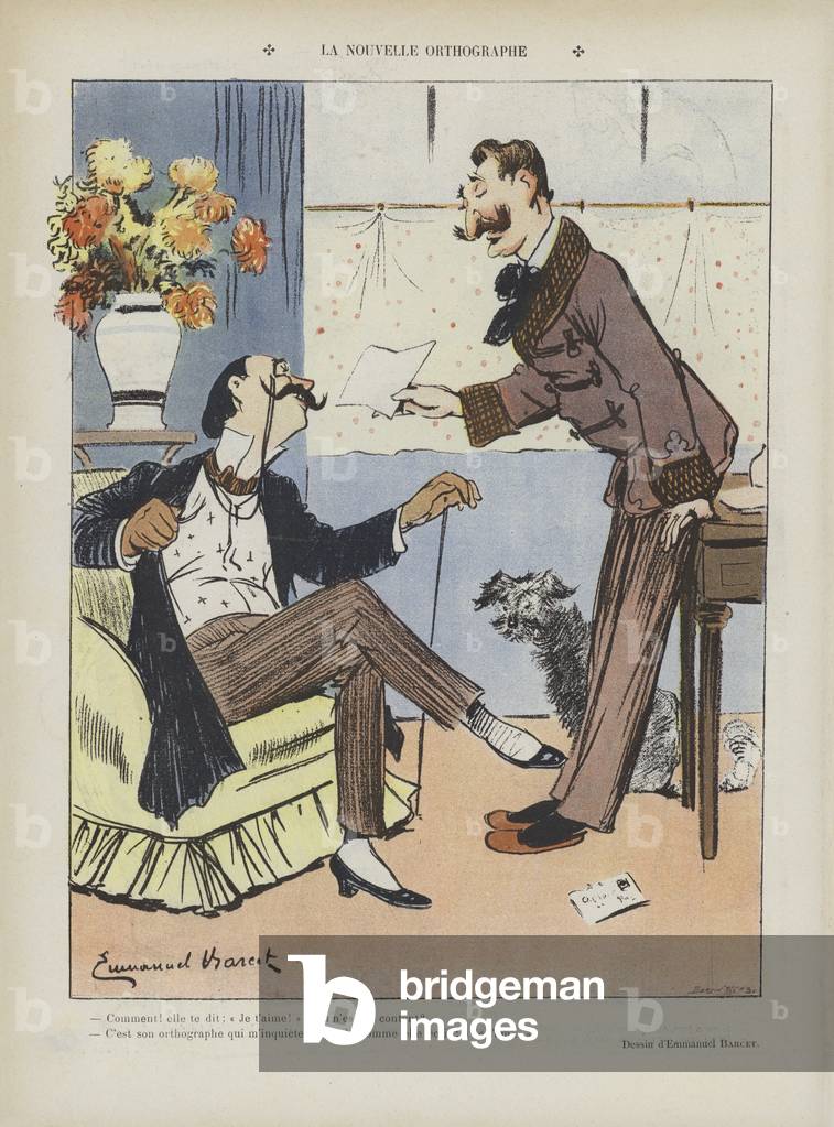"Die neue Schreibweise. Illustration für Le Rire (Farblitho)" von Emmanuel Barcet