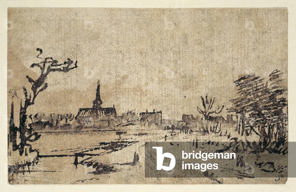 Landscape with water c.1654-55 by Rembrandt Harmensz. van Rijn, b/w