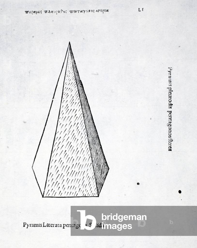 Bild von Druck "Pyramis laterata pentagona solida" von Leonardo da Vinci, b/w