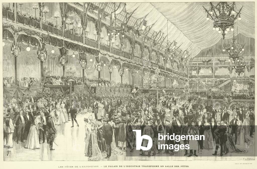 Les Fetes de l'Exposition, Le Palais de l'Industrie Transforme en Salle des Fetes (incisione)