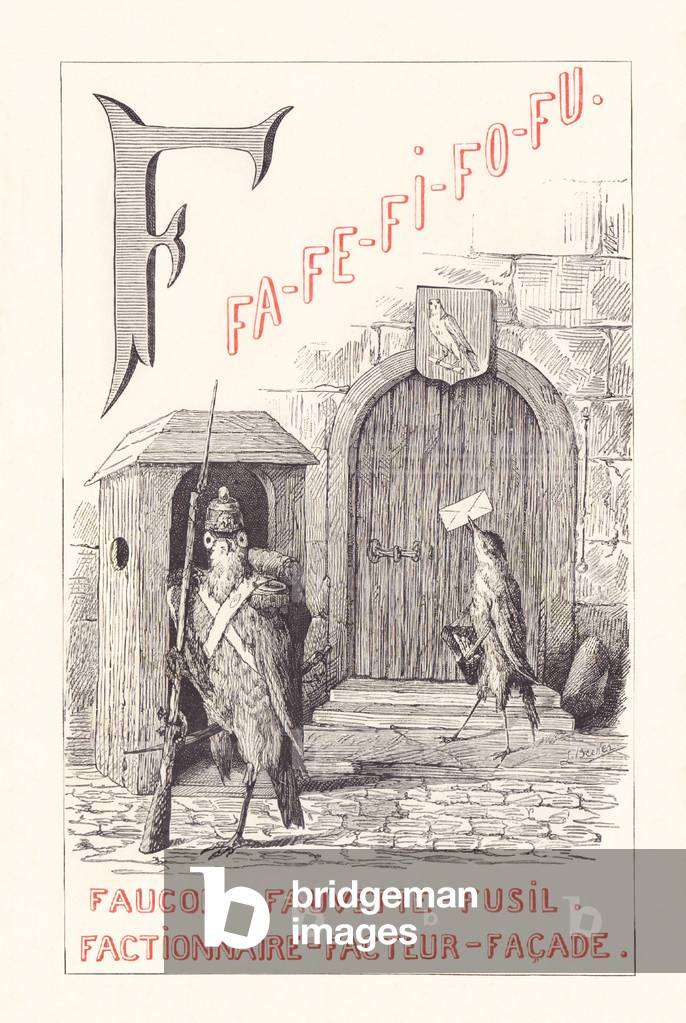Bild von Gravur "F: FA FE FI FO FU - Falke - Waldsänger - Gewehr - Faktionar - Fassade" 1879 von Fortune Louis