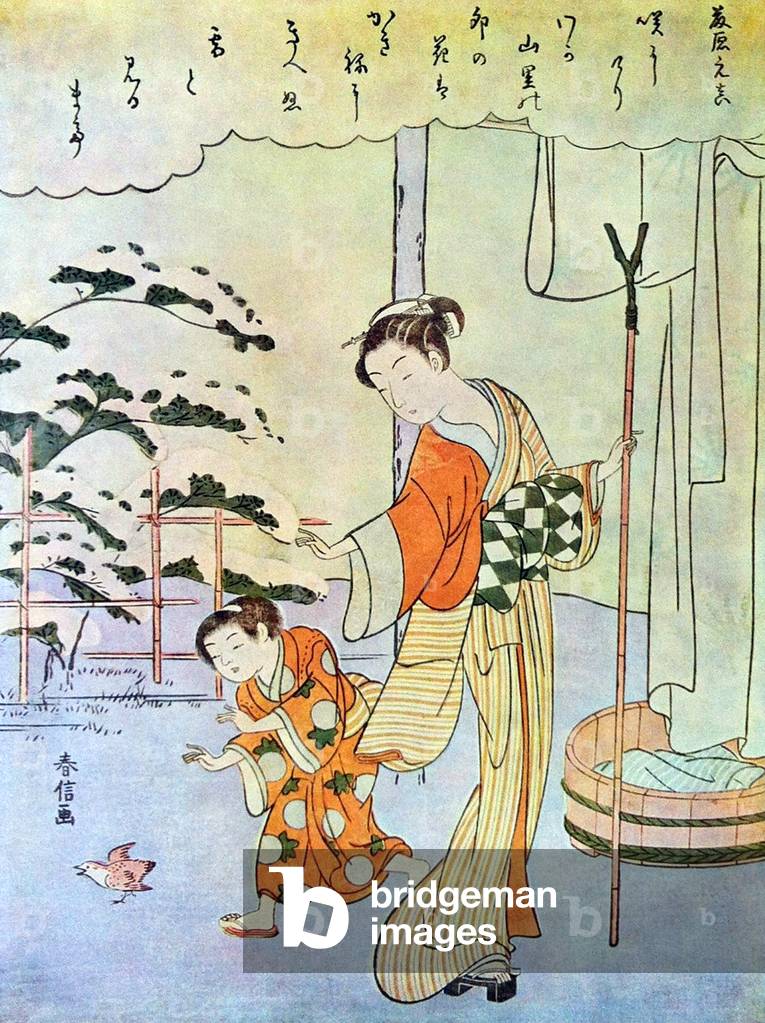 Immagine di Stampa "Giappone: madre e figlio con un uccellino. Suzuki Harunobu (1724-1770)" 1701 di Suzuki Har